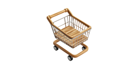 Wooden Shopping Cart. Sustainable Retail And Eco-Friendly Consumerism Concept Isolated On Transparent Background