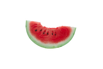 A juicy watermelon slice with a bite taken out on black background