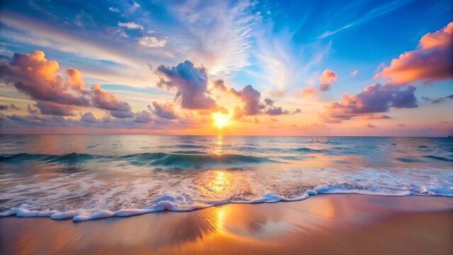Ai generated image of a breathtaking sunset over the ocean with golden light reflecting on the waves and sandy beach