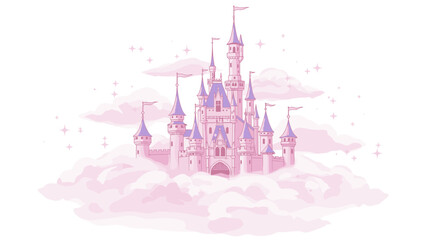 Obraz premium Dreamy pink castle surrounded by clouds and sparkles in fantasy theme