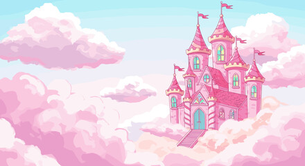 Fototapeta premium Enchanted pink castle in clouds with dreamy sky and whimsical architecture
