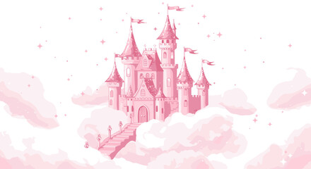 Fototapeta premium Magical pink castle among clouds with sparkling stars
