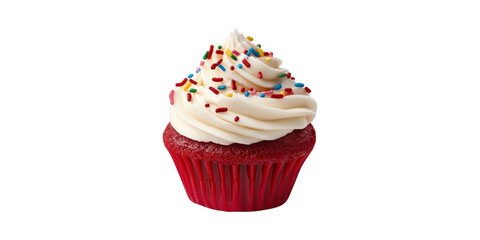 Red Velvet Cupcake With Cream Cheese Frosting And Sprinkles. Delicious Dessert Isolated On Transparent Background