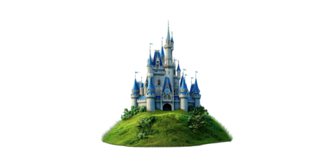 Majestic Fantasy Castle Hill. Enchantment And Fairytale Architecture Isolated On Transparent Background
