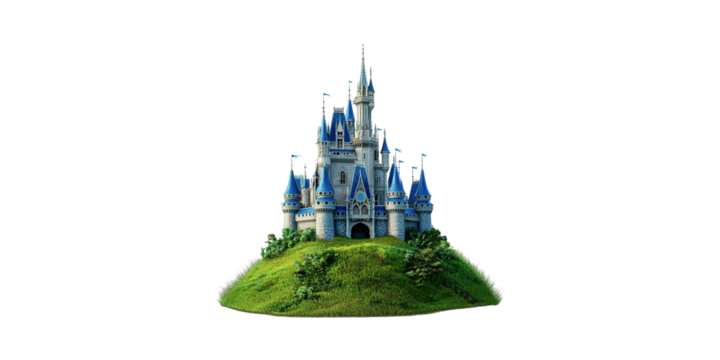 Majestic Fantasy Castle Hill. Enchantment And Fairytale Architecture Isolated On Transparent Background