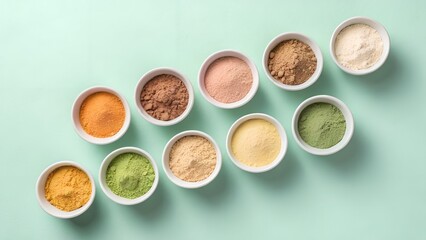 Fototapeta premium Ai generated image of a colorful assortment of spice powders are arranged in white bowls on a light green background