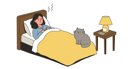Cozy bedtime scene with woman feeling sick and cat companion in warm room