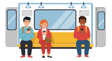 People commuting on subway using smartphones in flat cartoon style