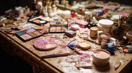 Makeup chaos on a cluttered vanity