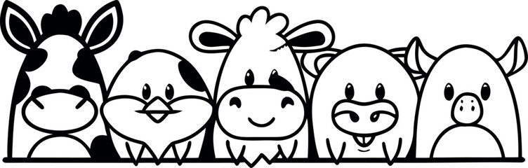 Cute Farm Animal Faces Vector &ndash; Cow, Chicken, Sheep, Goat, Pig Cartoon Line art