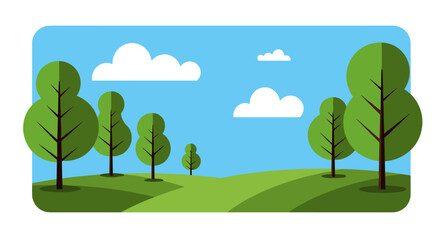 Fototapeta premium Minimalistic flat design of a green landscape with trees and clouds on a sunny day