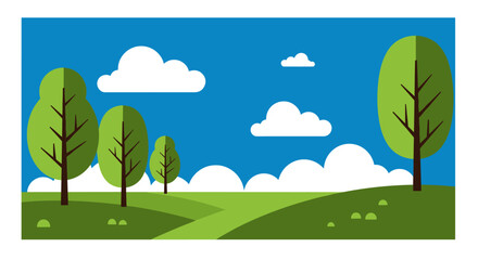 Fototapeta premium Flat style landscape with green hills and trees under a blue sky with white clouds