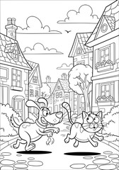 Obraz premium the dog runs after the cat down the street. coloring book