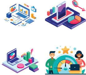 Isometric Business Data Analysis and Performance Illustrations on Transparent Background set isometric