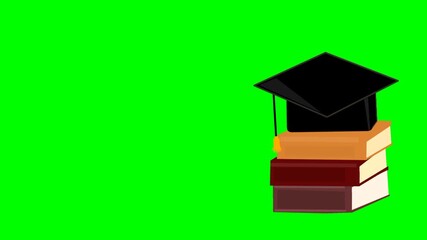graduation cap and books. Graduation concept animation with copy space. Book stack with graduation cap. Education achievement symbol. Study hard theme. New student admission concept.