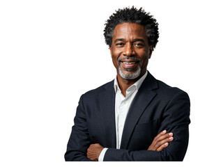 Confident african american businessman in a dark suit with arms crossed smiling isolated on transparent background