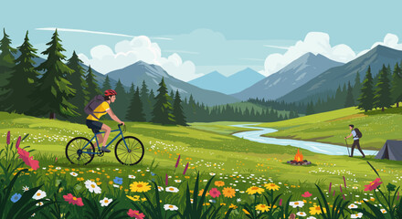 Scenic mountain adventure with cyclist and hiker in vibrant summer meadow