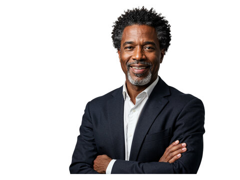 Confident african american businessman in a dark suit with arms crossed smiling isolated on transparent background