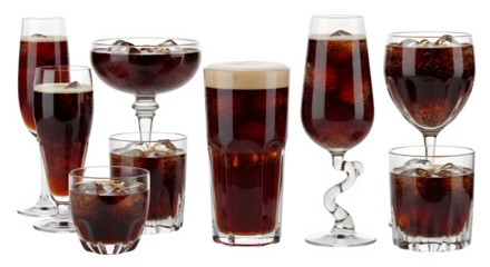 Different types of glasses featuring cola, set against a white surface. Banner design