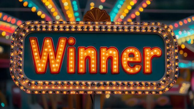 Winner retro signboard and golden foil confetti against a light burst background. Vector illustration. Winner light bulb frame with glitter gold letters. Winners logo.
