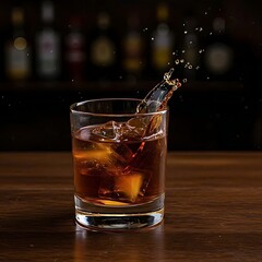 a glass of Old Fashioned on a dark wooden bar top, Old Fashioned, cocktail, whiskey, bourbon, bar, dark, moody, luxury, vintage, classic., holiday drinks, party drinks, bar drinks, glass, drink, alcoh