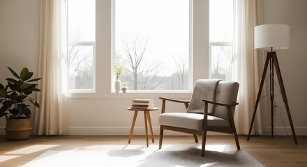 A cozy room with a comfortable armchair, sunlight streaming through large windows, and a touch of nature.