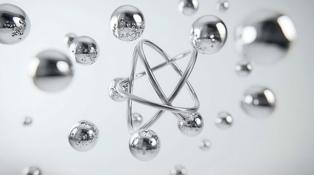 Metallic Atom Model with Bubbles on White Background