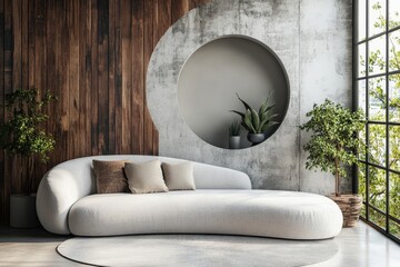 Round curved grey sofa placed against a concrete wall with wooden decor, showcasing loft and minimalist home interior design for a modern living room, Generative AI