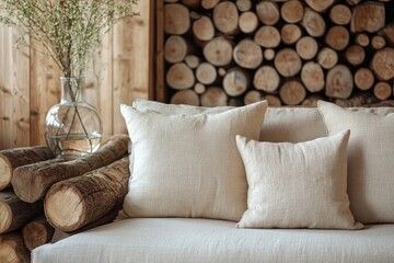 Wood logs placed near a sofa with beige pillows and a glass vase, creating a cozy and natural atmosphere in the Scandinavian home interior design of a modern living room, Generative AI