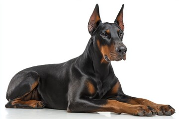 Doberman Pinscher dog in sitting guard pose on isolated background