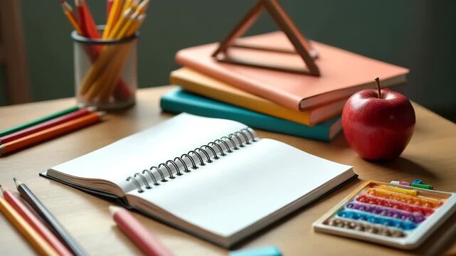 School supplies arranged on wooden desk with open notebook and apple  
