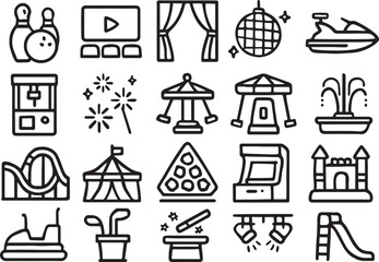 Black and white line art icons of amusement park attractions