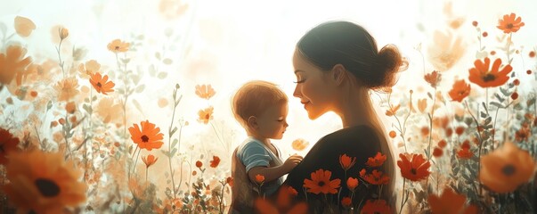 Illustration of a mother with her young child surrounded by flowers, symbolizing the love and connection between mother and child. Created using advanced technology, Generative AI