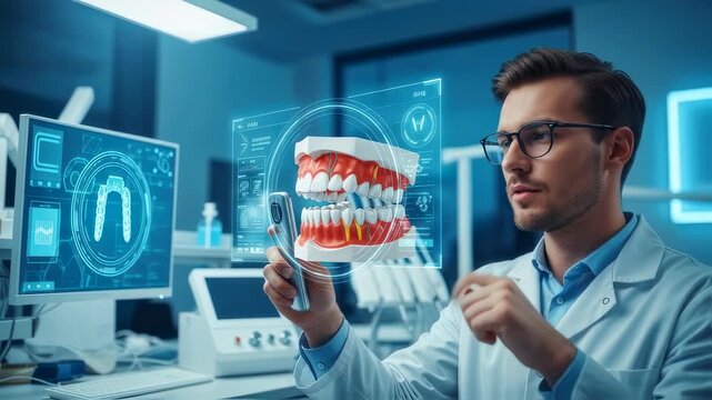 Male dentist using advanced augmented reality technology with a digital jaw model for future dental treatment and education footage. - Powered by Adobe