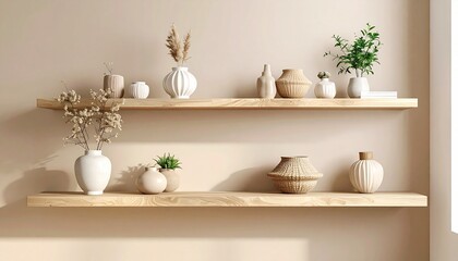 Light beech floating shelf seamlessly integrated into taupe wall, supporting abstract decor items with precise alignment and soft tone harmony