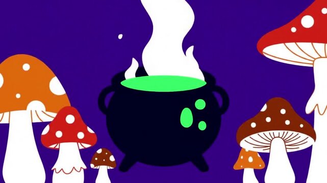Cartoon cauldron bubbling with green potion surrounded by mushrooms