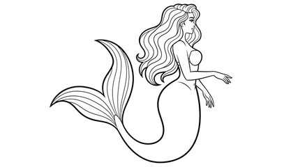 Mermaid in Side View Flowing Hair Coloring Page for Adults Underwater Beauty Art
