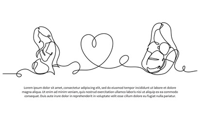 Continuous line design of a mother protecting her baby. Single line decorative element drawn on white.