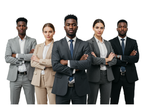 Diverse group of five business professionals standing confidently with arms crossed isolated on transparent background