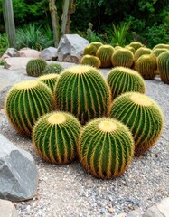 Group of round cacti in a garden bed