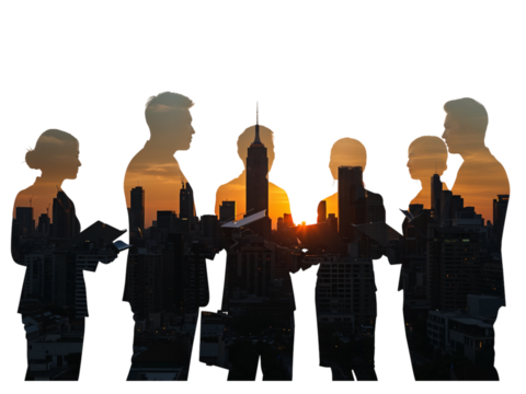 Diverse group of business professionals silhouetted against a vibrant city skyline at sunset isolated on transparent background