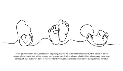 Continuous line design of give birth to a baby. Single line decorative element drawn on white.