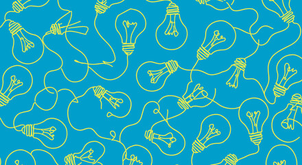 Seamless pattern of line art light bulbs on blue background