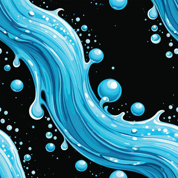 Dynamic water splash seamless pattern in bold cartoon style against a black background, perfect for vibrant textile designs, cool packaging, or eye-catching digital media backdrops.