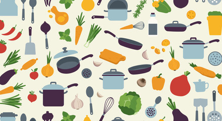Colorful kitchen pattern design featuring cooking tools and vegetables