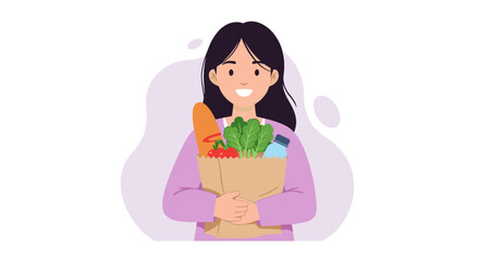 Smiling woman holding grocery bag filled with fresh produce and bread
