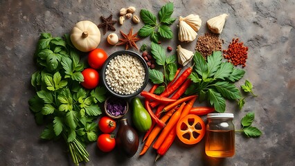 Fresh Asian ingredients are beautifully arranged on a stone surface, showcasing vibrant herbs and spices.