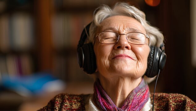 Smiling senior woman enjoying music with headphones