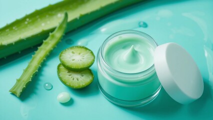 Close-up of a jar of aloe vera cream with plant slices and leaves, perfect for skincare and beauty products. The image has a calming, spa-like aesthetic.