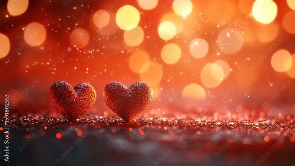 Sticker two textured red hearts on glittery surface with warm glowing bokeh lights in background creating ro